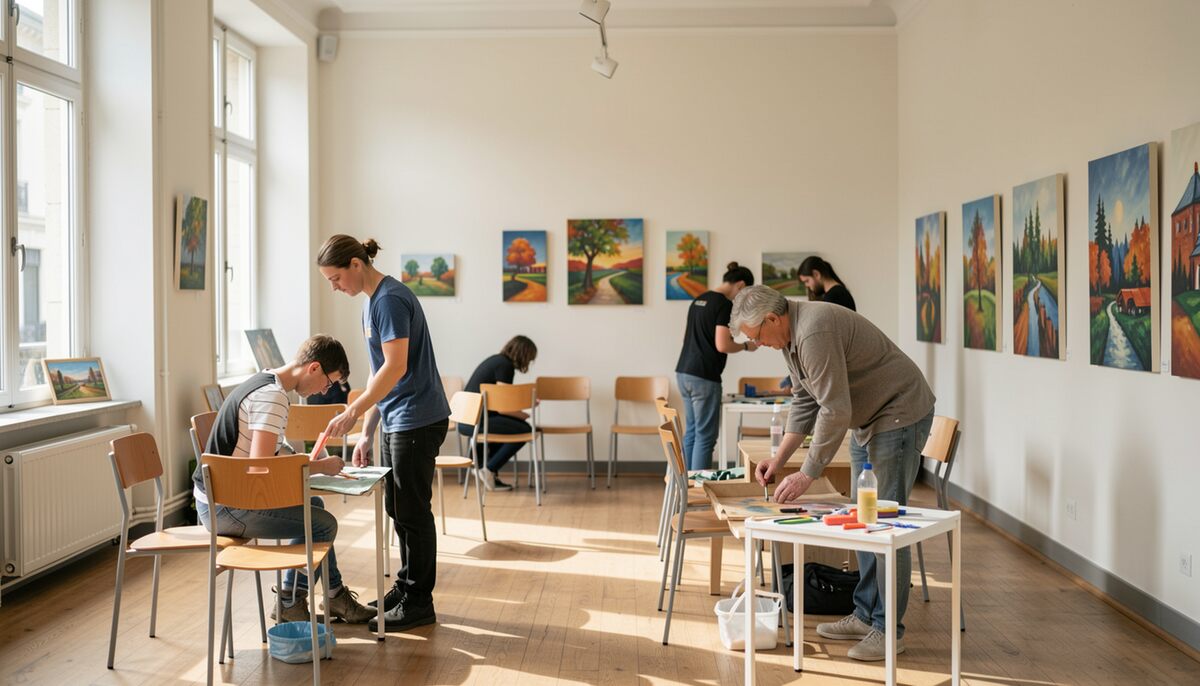 Participants debout devant des tables de travail dans une salle blanche très éclairée, godets et pinceaux posés sur les tables, toiles colorées accrochées au mur du fond, jour entrant par de hautes fenêtres.