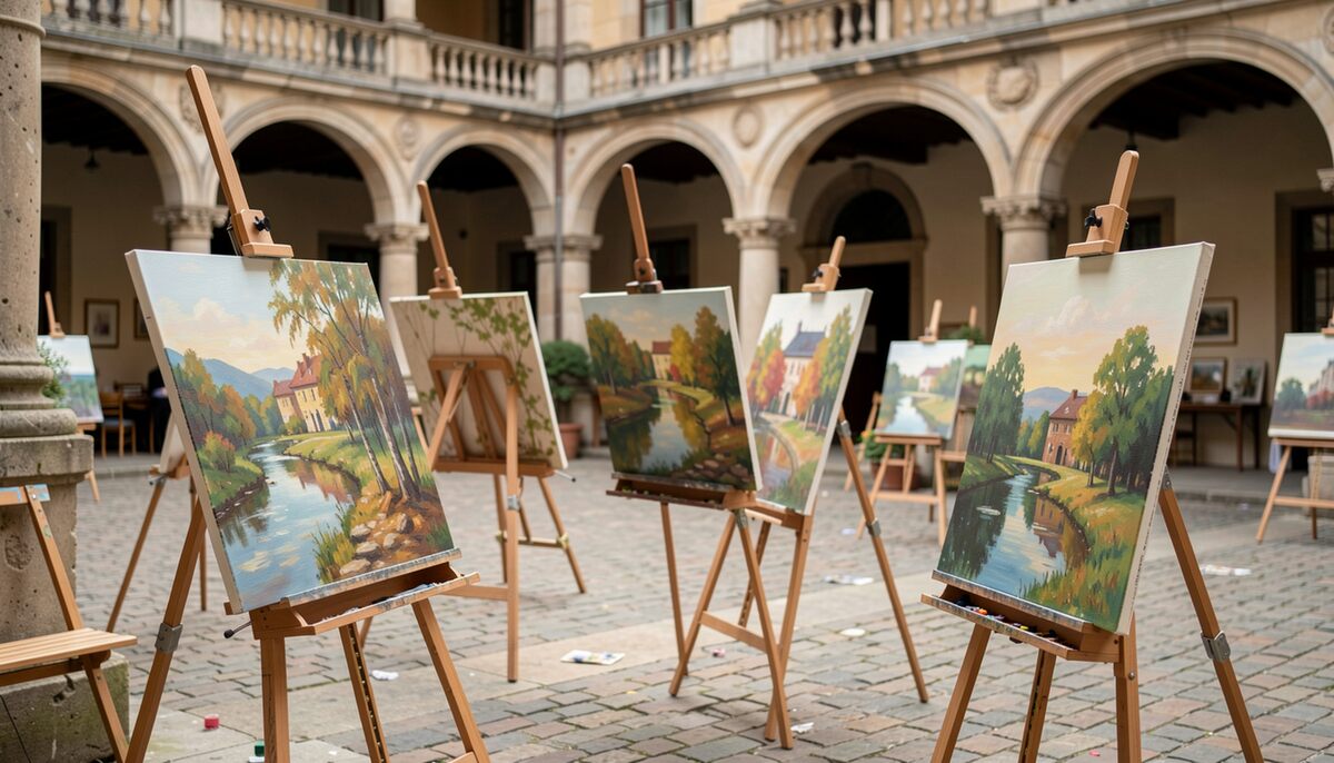 Chevalets garnis de toiles paysagères alignés sous les arcades d'une cour intérieure, sol de galets clairs, colonnes et voûtes en enfilade, aucun visiteur dans le cadre, lumière rasante de fin d'après-midi.