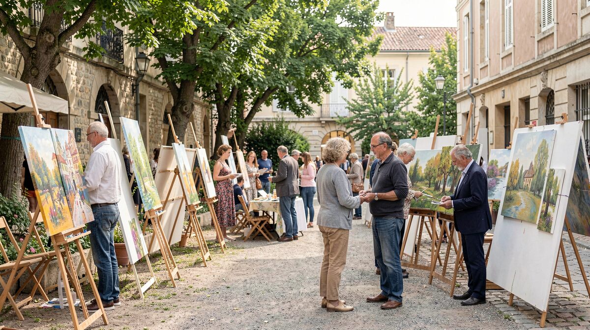 Rangée de chevalets dressés le long d'une rue ancienne, toiles fraîches présentées de biais, groupes de visiteurs arrêtés devant les tableaux, façades de pierre et platanes au-dessus, lumière de fin de matinée sur les pavés.