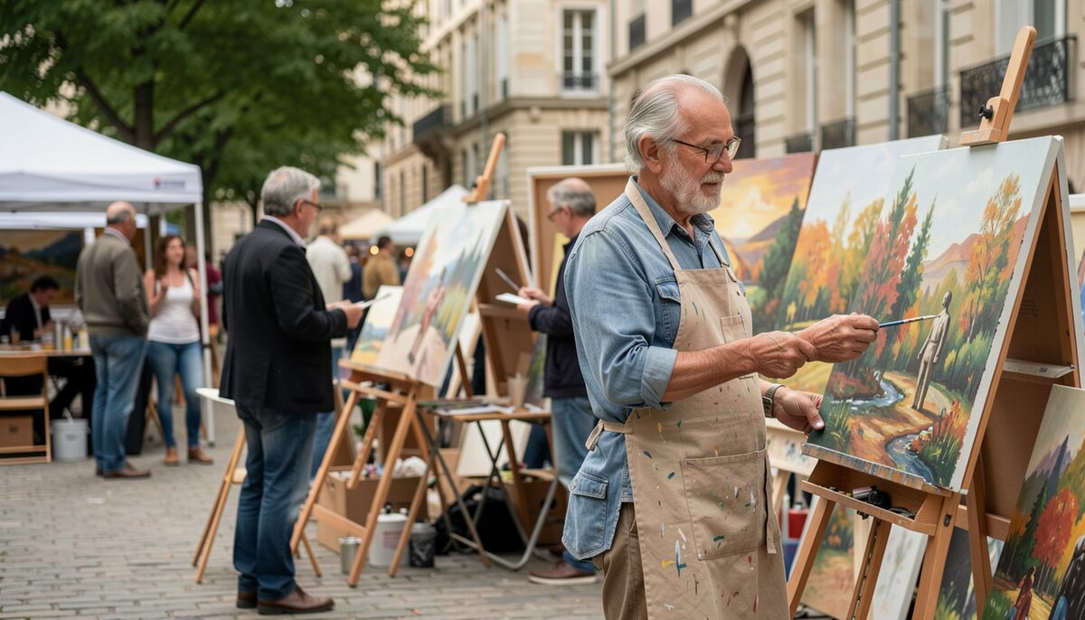 Peintre en tablier et casquette travaillant devant son chevalet dans une rue piétonne, pinceau en main, toile à demi peinte, tentes blanches et passants flous derrière lui, lumière douce sur les pavés.