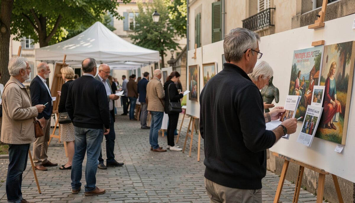 Visiteurs déambulant entre des chevalets garnis de toiles dans une rue pavée, tente blanche au fond, homme barbu portant un carton à dessin sous le bras, façades claires et ombres portées courtes.