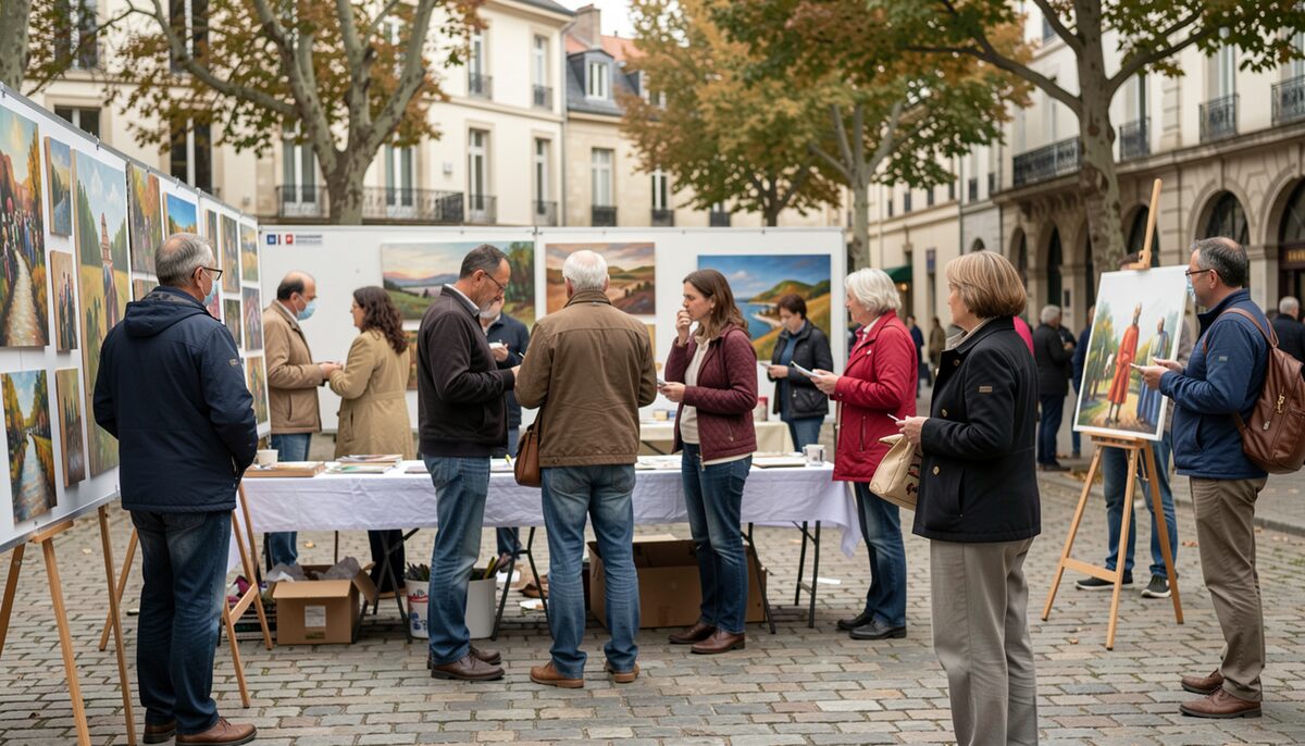 Toiles encadrées posées sur des chevalets le long d'une façade de pierre, visiteurs en manteaux avançant d'un tableau à l'autre, dallage clair, feuillages d'automne en haut du cadre.