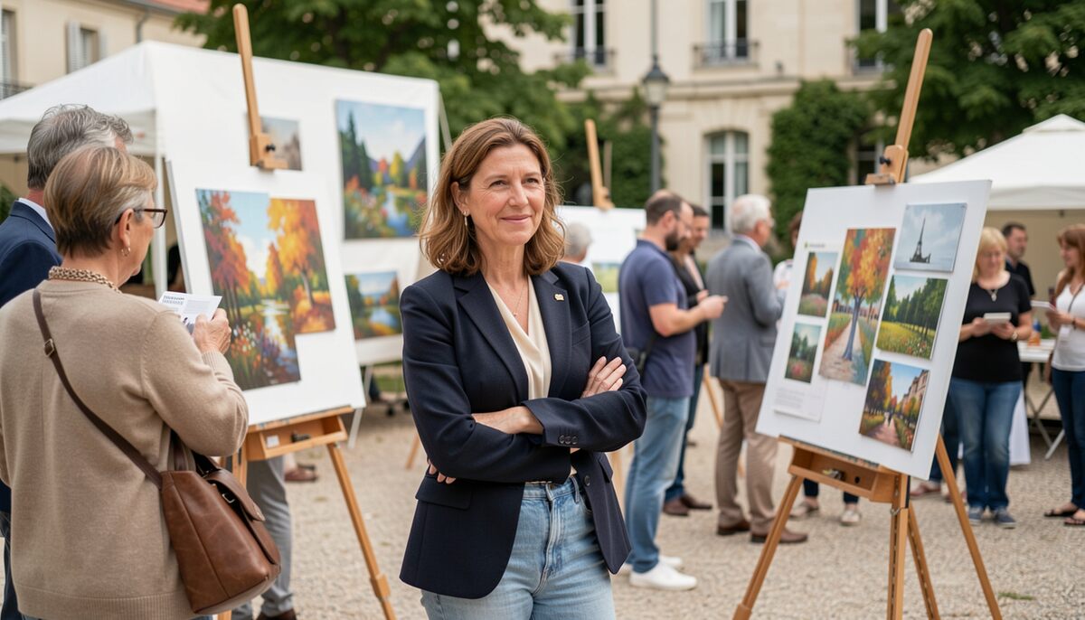 Visiteuse en veste marine, bras croisés, debout au milieu d'une file de chevalets garnis de toiles, autres visiteurs penchés sur les tableaux derrière elle, lumière claire de journée.