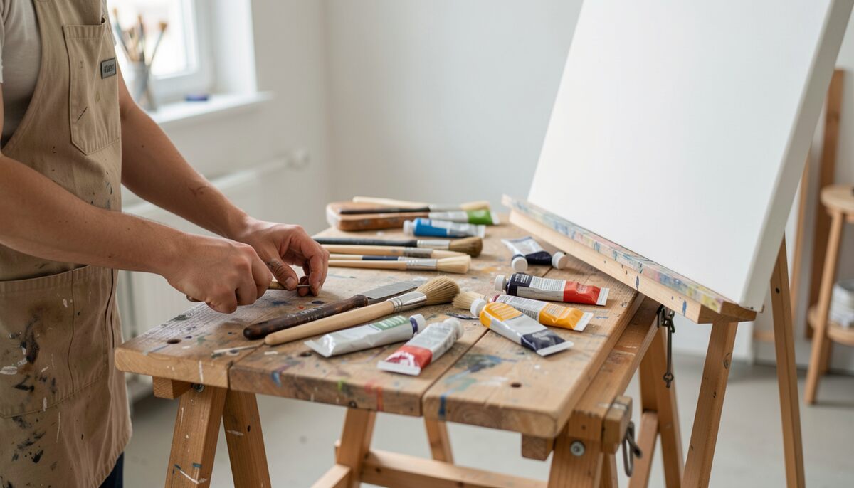 Mains d'un peintre en tablier soulevant un pinceau au-dessus d'une table couverte de tubes écrasés, de brosses et d'une palette, toile blanche tendue au bord droit du cadre, lumière douce d'atelier.