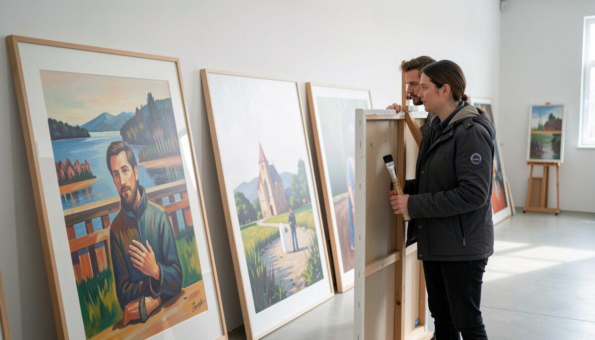 Deux personnes penchées sur des tableaux encadrés appuyés contre un mur blanc, l'une tenant un téléphone à la main, parquet clair, grands formats en attente derrière elles, lumière neutre de plafonnier.