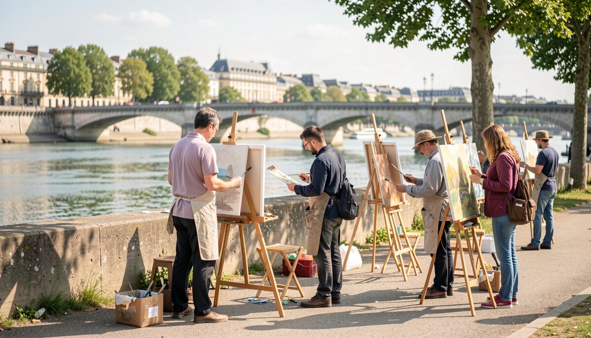 Peintres debout devant leurs chevalets le long d'un quai de pierre, toiles en cours, sacs et matériel posés au sol, pont de pierre et façades lointaines derrière, lumière franche de matinée sur l'eau.
