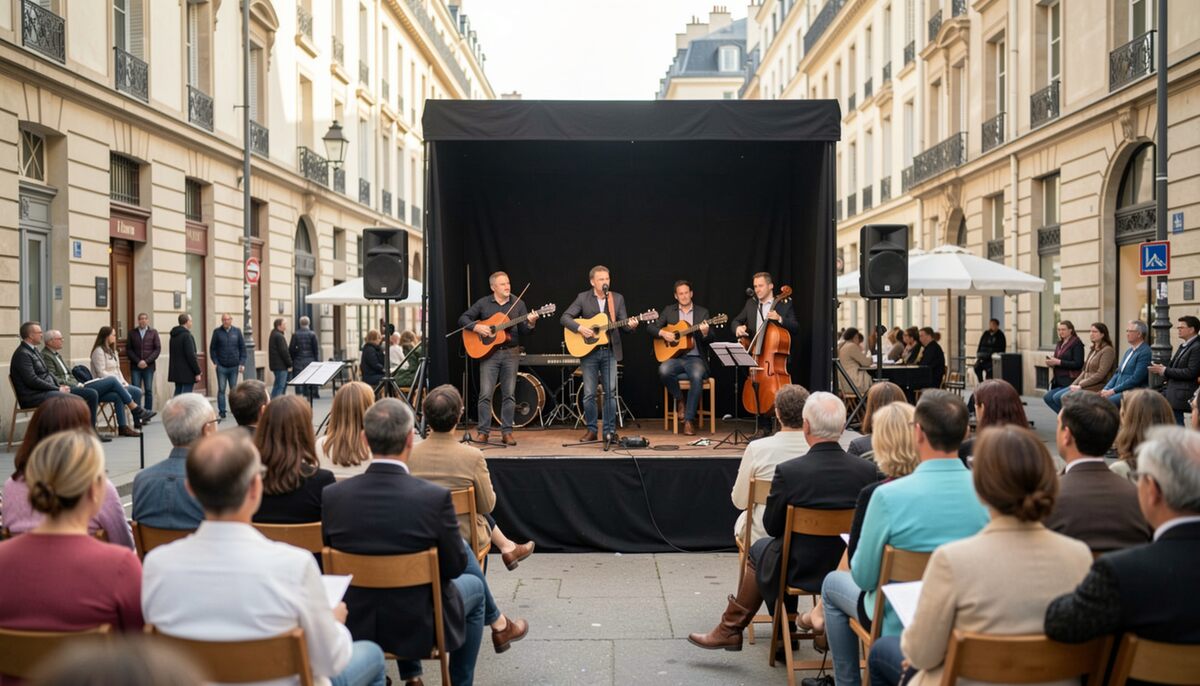 Scène noire dressée au milieu d'une rue bordée d'immeubles, musiciens en arrière-plan, public assis sur des chaises pliantes au premier plan, lumière grise de fin de journée sur les façades.