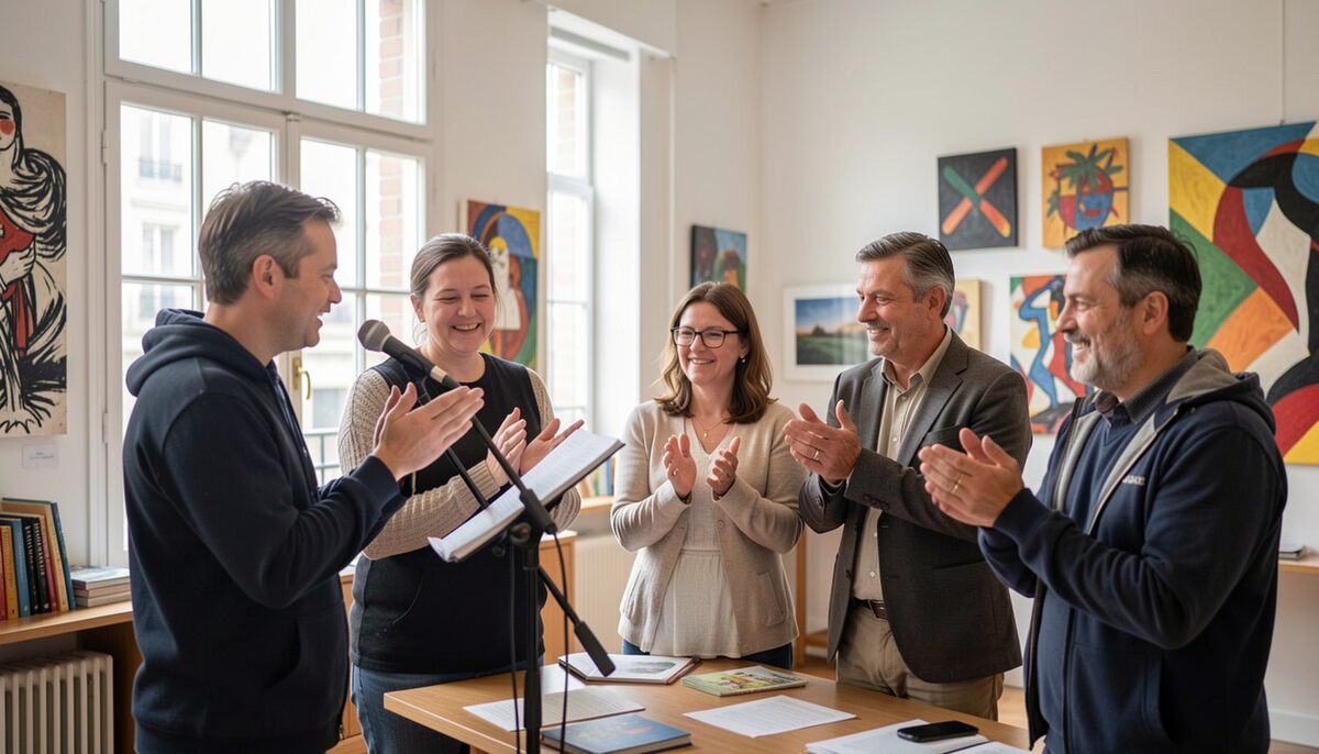 Petit groupe debout dans une salle claire, un homme parlant dans un micro en tenant une feuille, voisins applaudissant, toiles colorées accrochées au mur du fond, jour entrant par des fenêtres hautes.