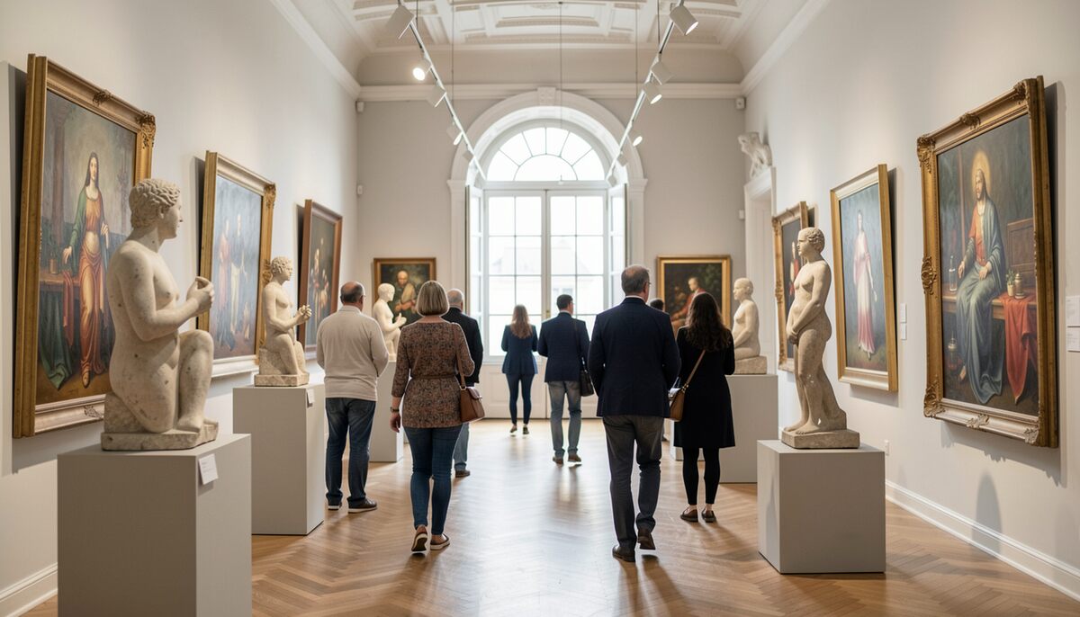 Visiteurs marchant entre des statues de marbre posées sur des socles et des tableaux anciens accrochés aux murs, grande baie vitrée au fond, parquet de bois, lumière zénithale diffuse.