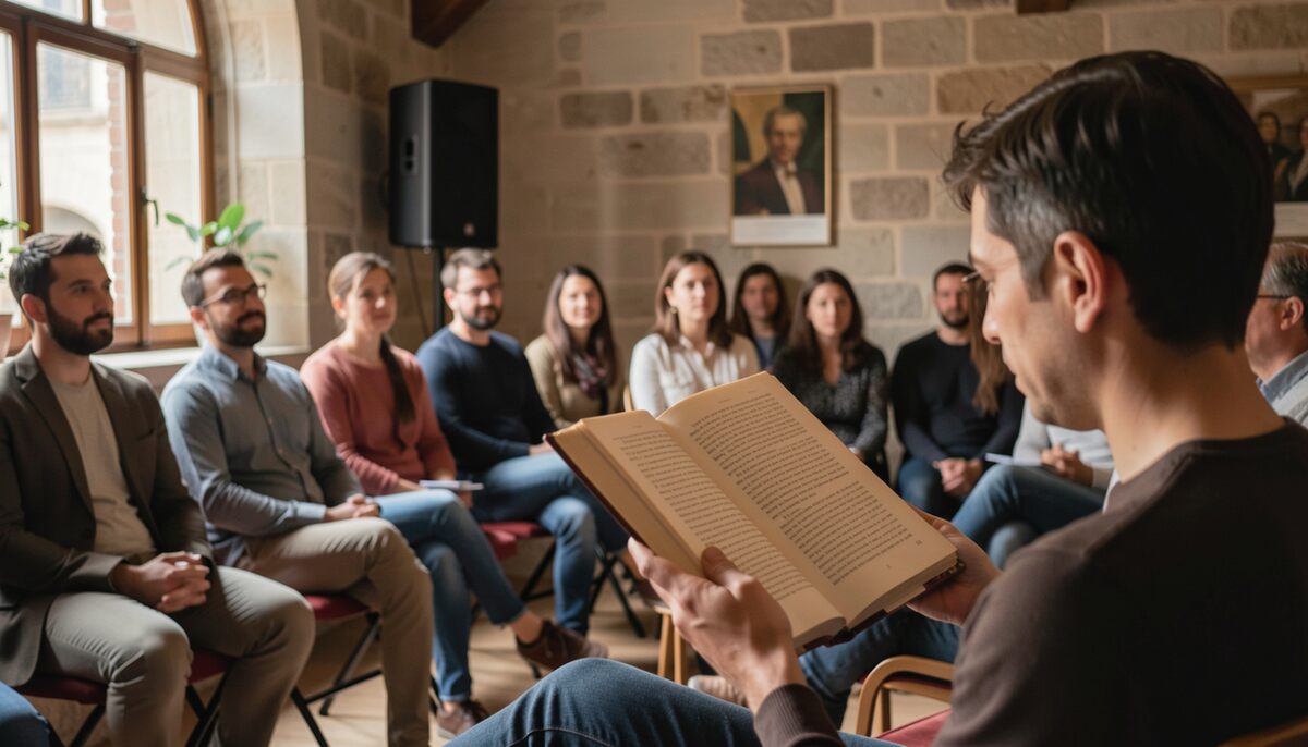 Auditoire assis en rangs sur des chaises de bois dans une salle aux murs de pierre, lecteur au premier plan tenant un livre ouvert, visage hors profondeur de champ, lumière douce de fin de journée.